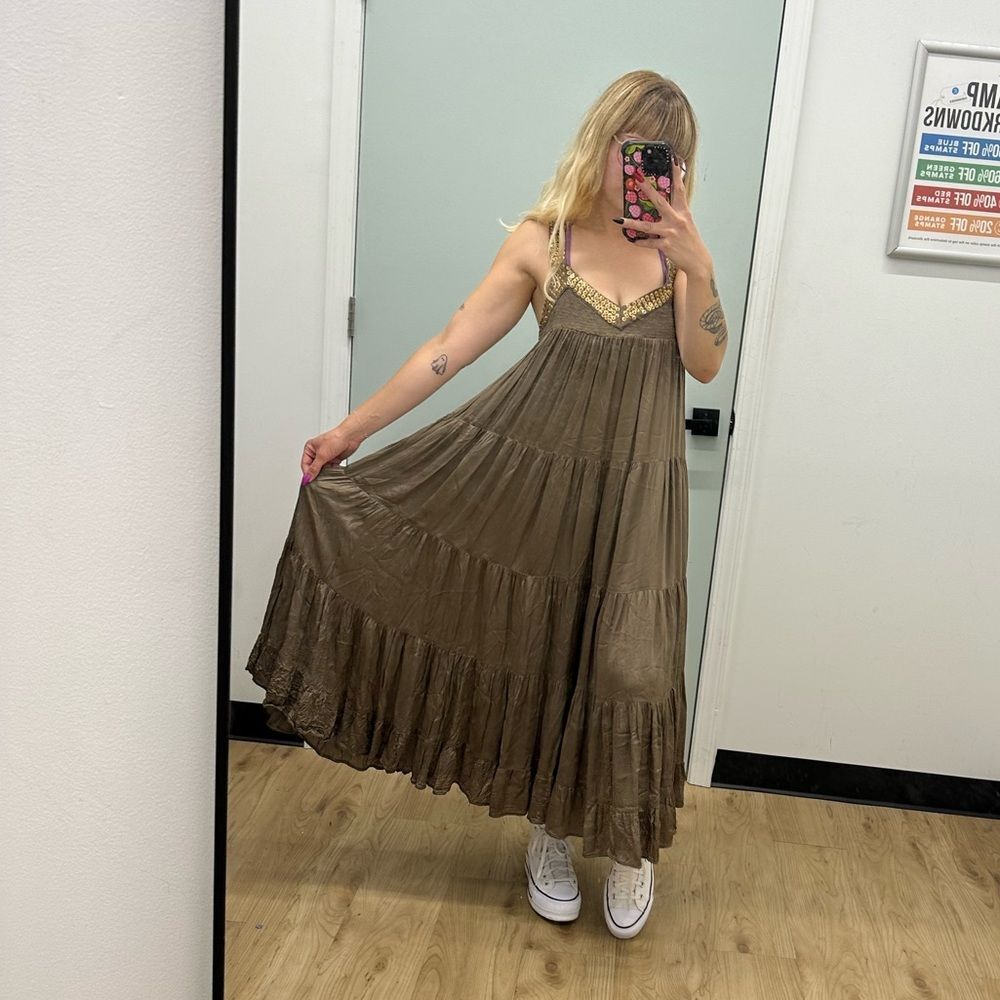 Free People Renaissance style olive green/brown tiered maxi dress gold hardware